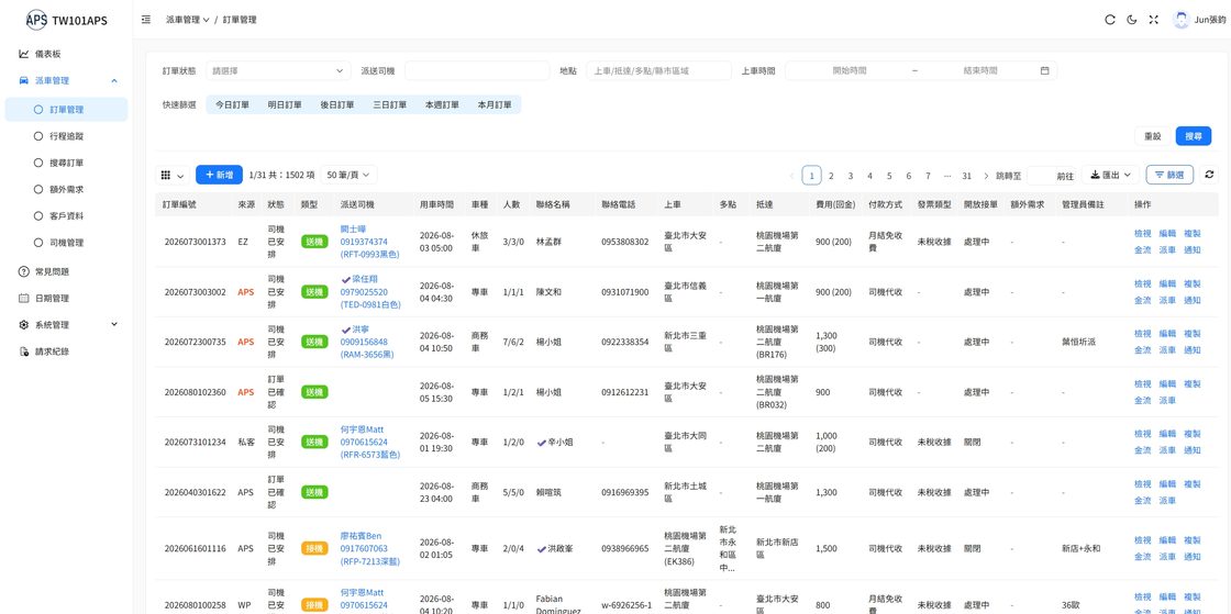 機場接送派車系統的訂單管理畫面，列表逐筆顯示訂單編號、派送司機、用車時間、車種人數、上車與抵達地點及費用。